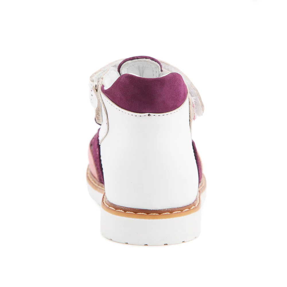 A white and purple kids' sandal - rear view