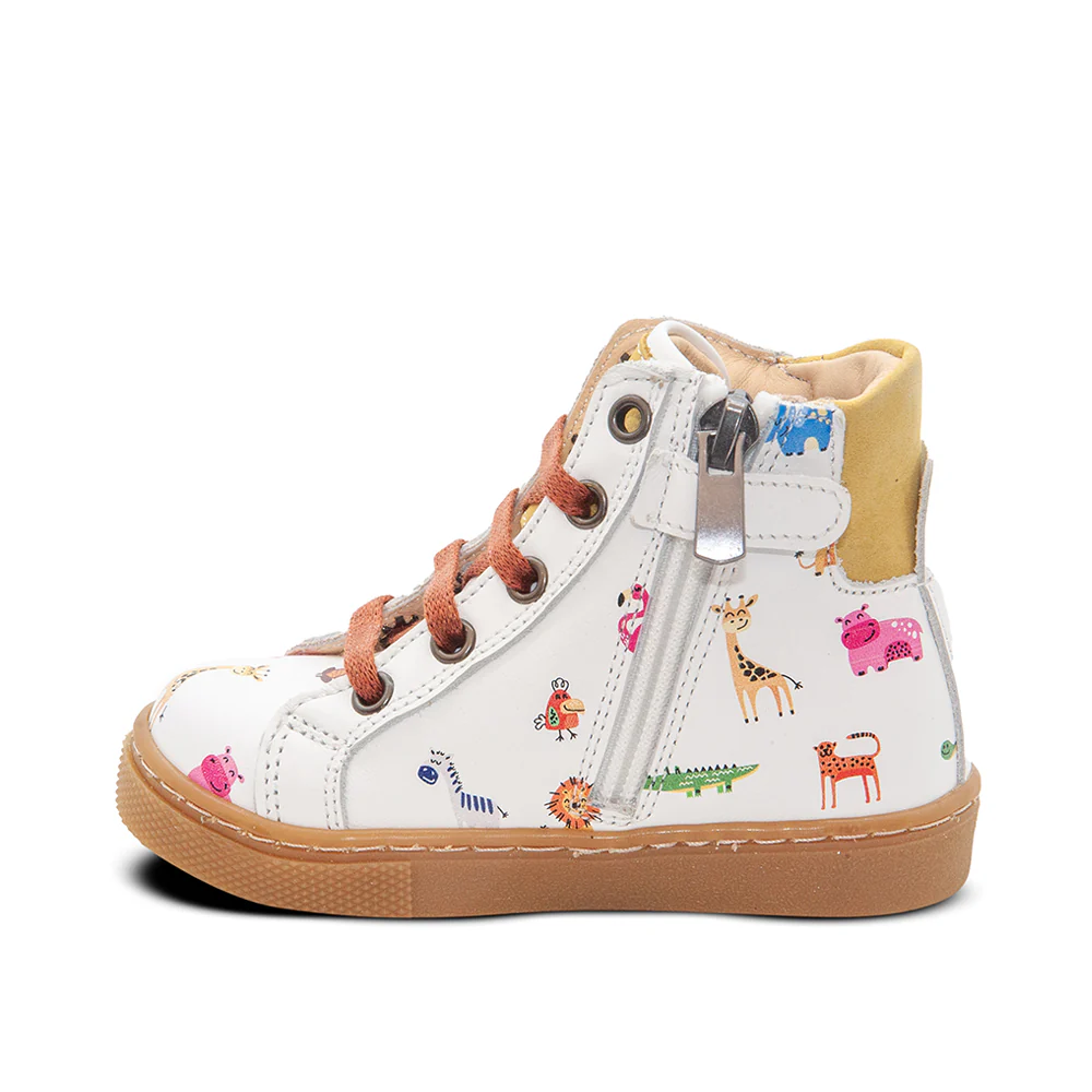 a child's white high top sneaker with animals on it