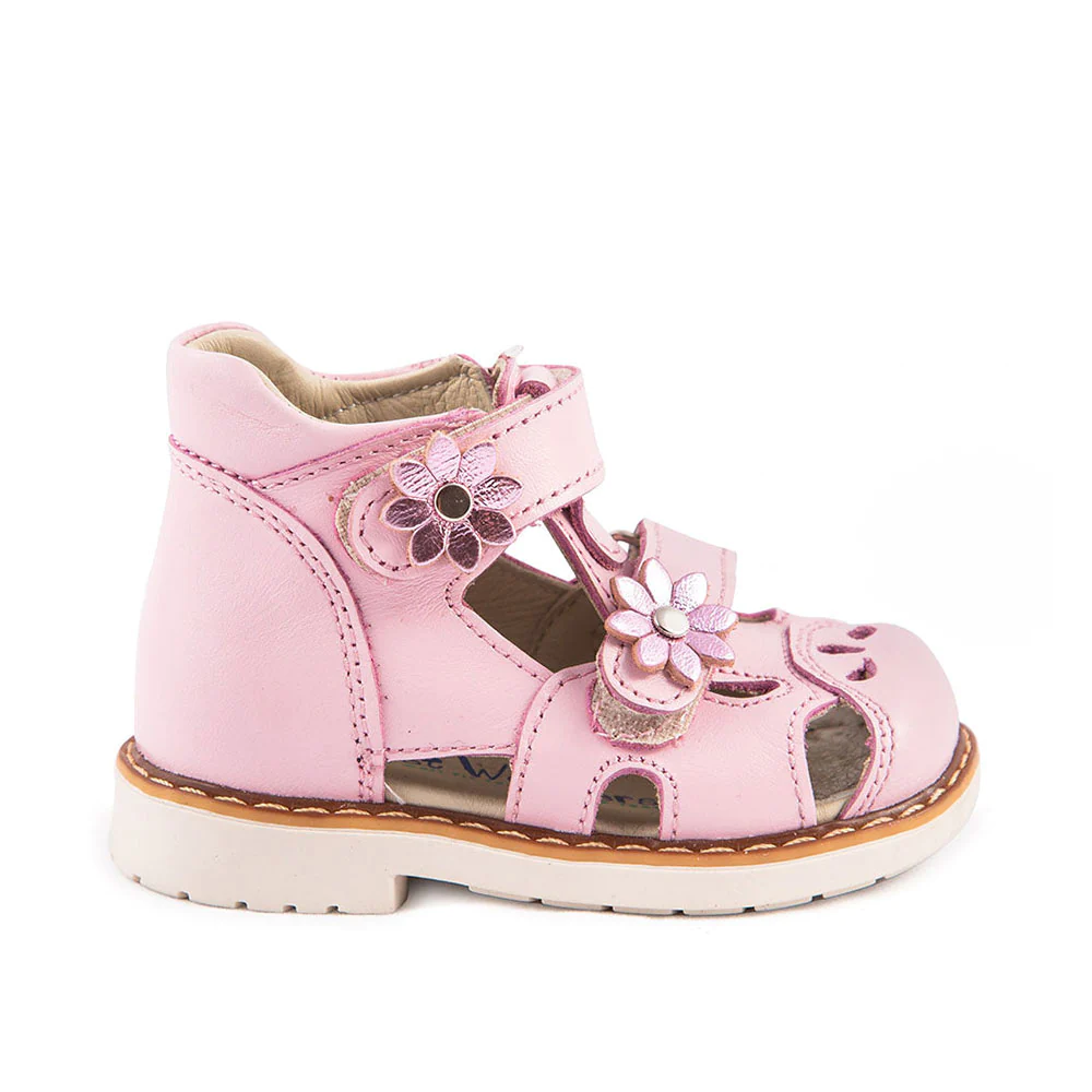 A child's pink shoe with flowers on the side - ROSALINA BLOOM regular cut supportive sandals
