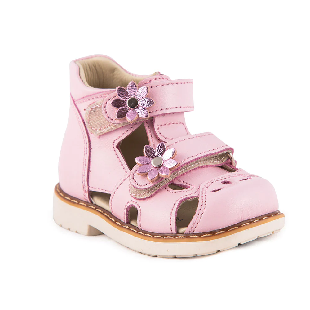 a child's pink shoe with flowers on the side - ROSALINA BLOOM regular cut supportive sandals