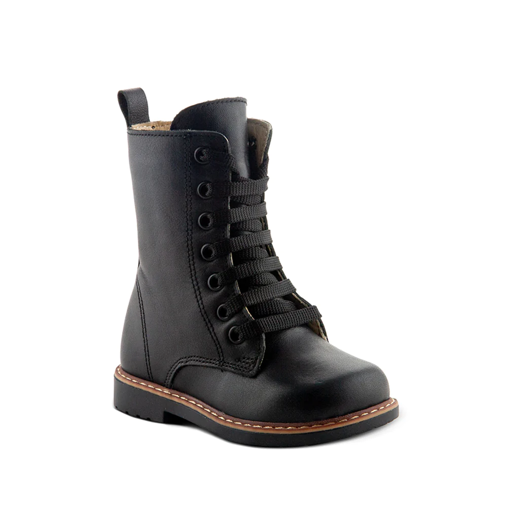 A black kids' boot with laces on a white background