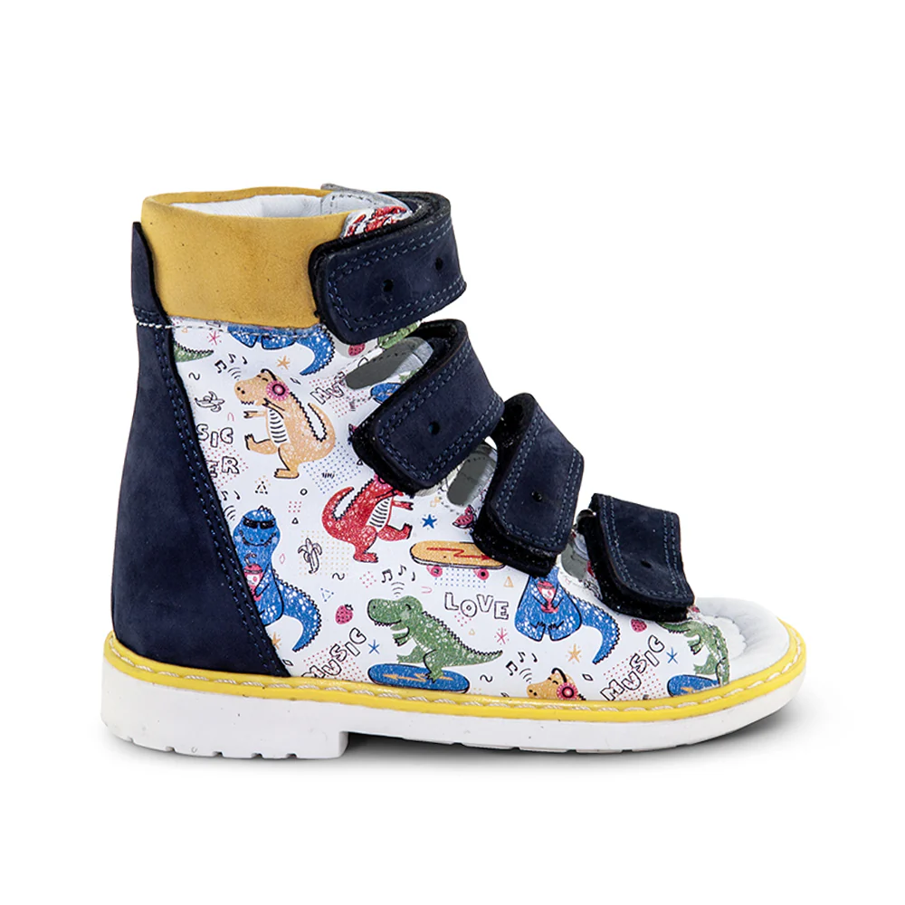 High-top ankle sandals with colourful dinosaur art
