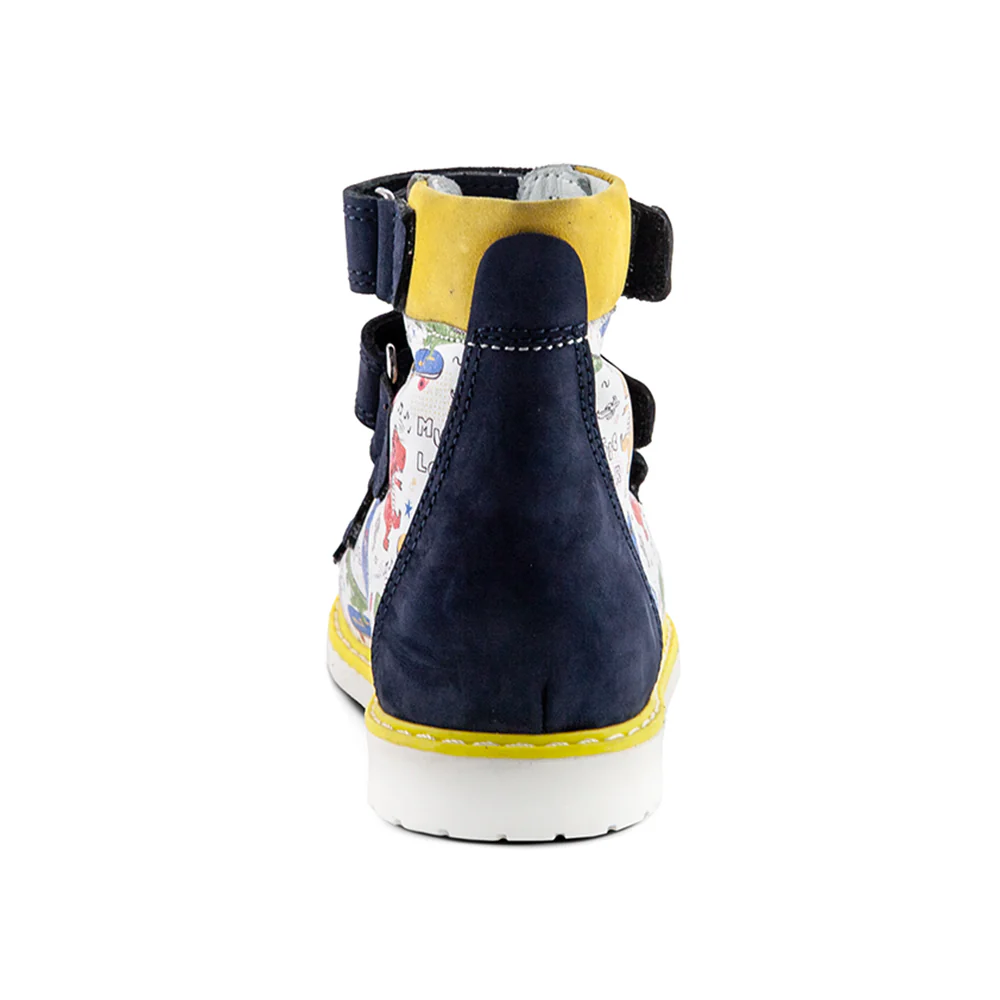 a pair of blue and yellow shoes on a white background