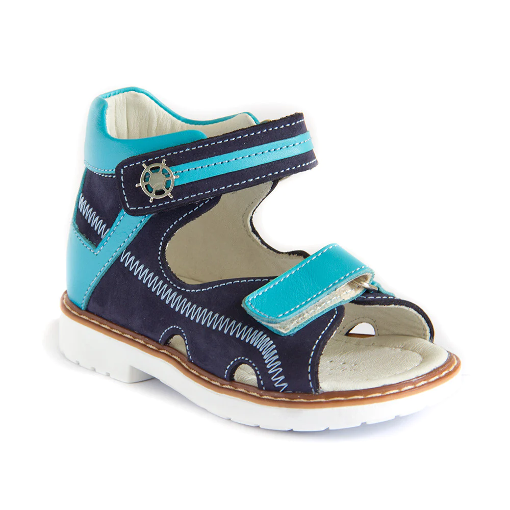 A child's blue sandal with naval motif