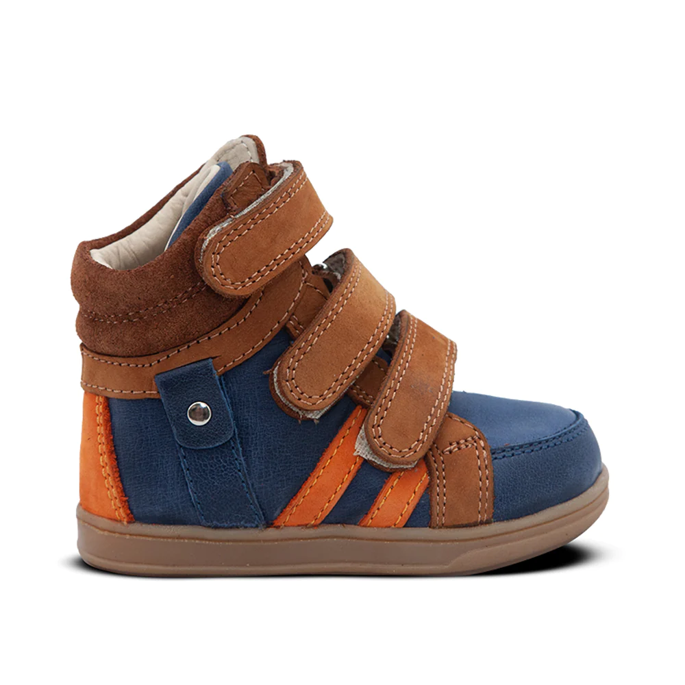 A blue and orange kids' shoe