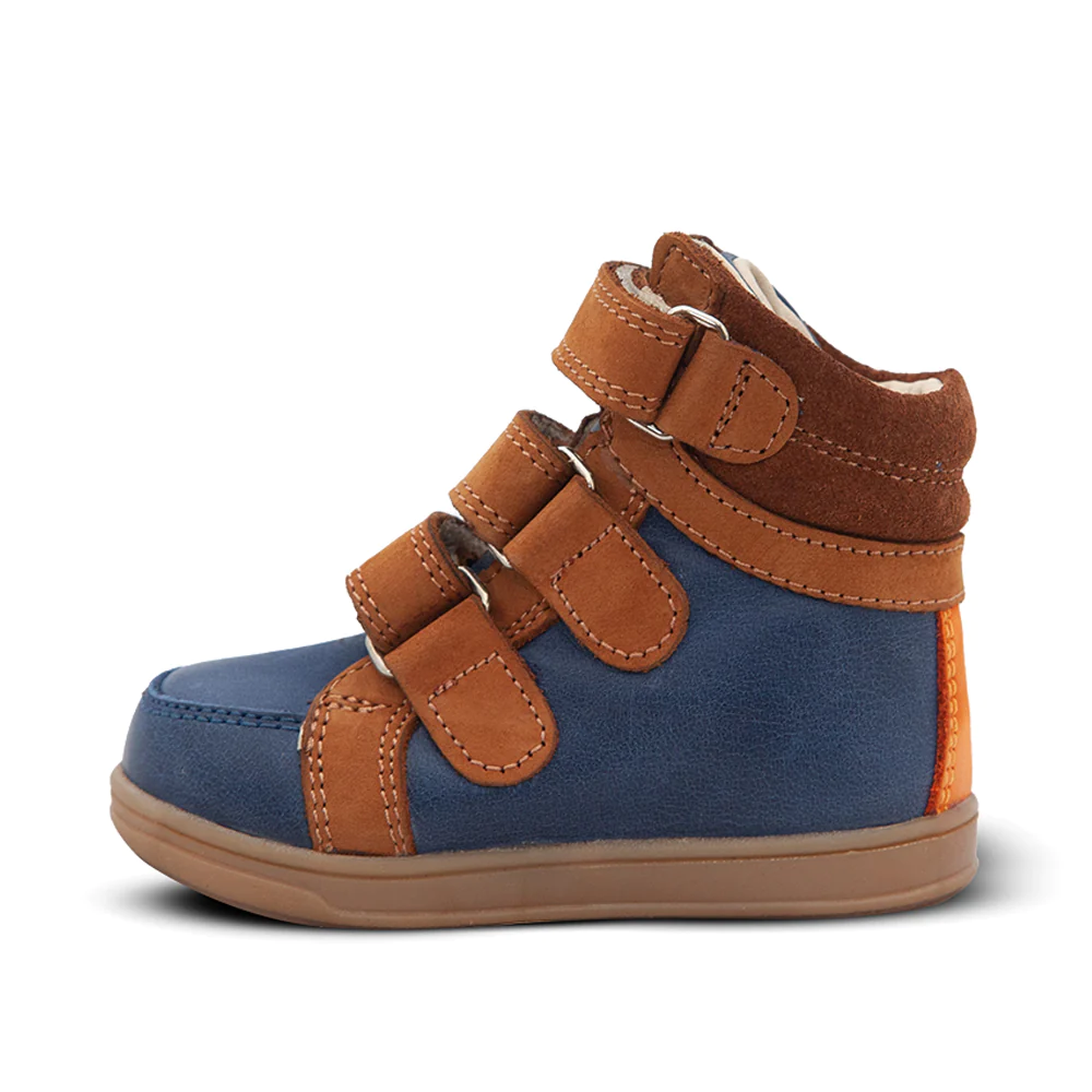 A blue and brown child's shoe with three straps