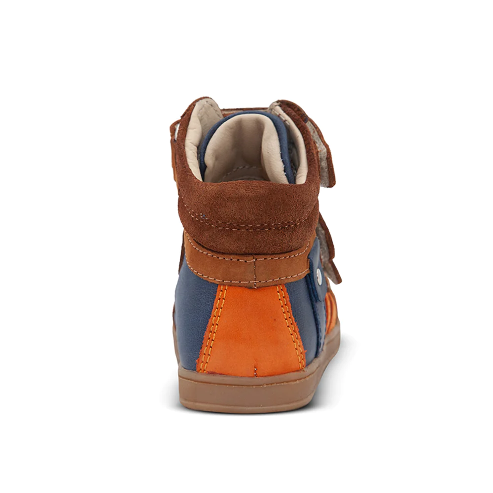A child's blue and orange high top sneaker