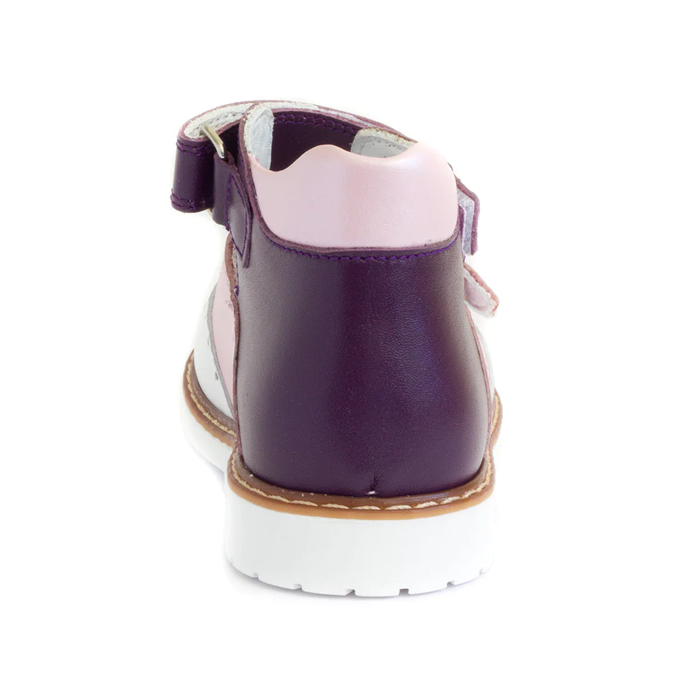 A purple and white kids' sandal - rear view