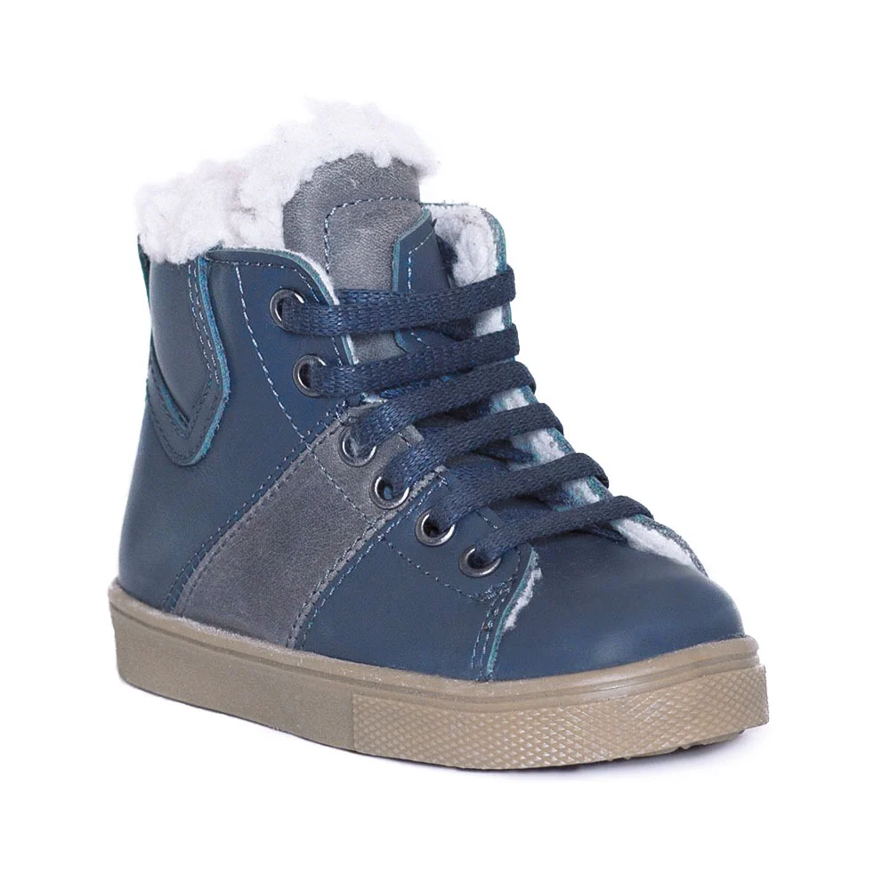 a child's blue and grey high top sneaker