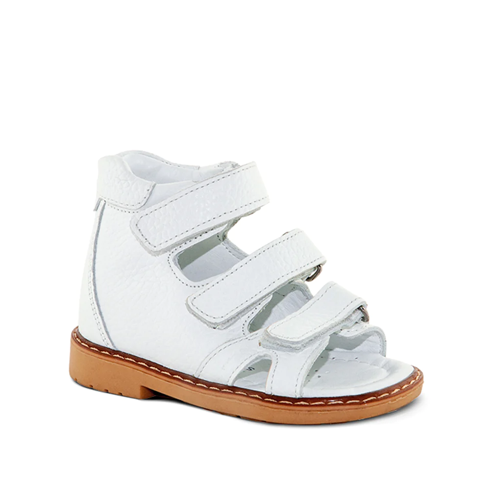 A child's white sandal with two straps