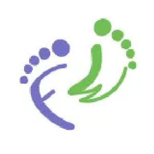 a green and blue logo with a person's foot