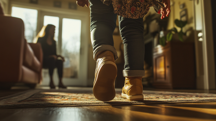 a person walking across a living room floor