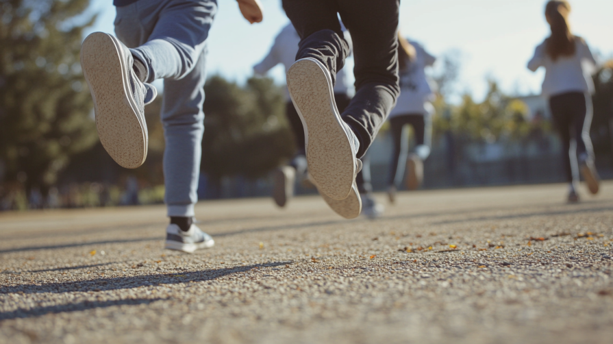 a group of people running down a street