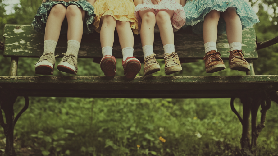 four children sitting on a bench in a park