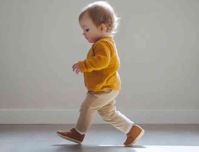 a small child in a yellow shirt and tan pants