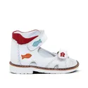 a white shoe with a red sole