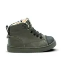 a child's green high top sneaker on a white background