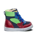 A child's high top sneaker with a multicolored upper.
