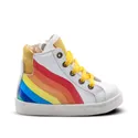 A child's shoe with a rainbow design on the side.