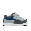 A gray and blue sneaker with two straps