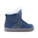 a pair of blue shoes with a fur lined top