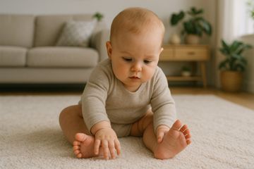 A baby sitting on carpet showing normal baby foot development milestones.