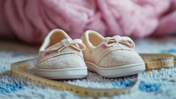 A pair of baby shoes sitting on top of a measuring tape.
