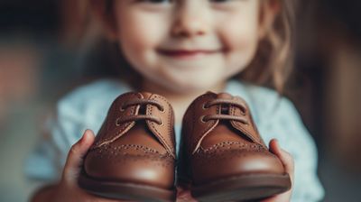 A little girl holding a pair of brown shoes.