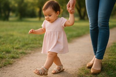 A toddler girl walking in first walker sandals.