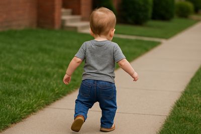 A little boy walking with a wide stance.