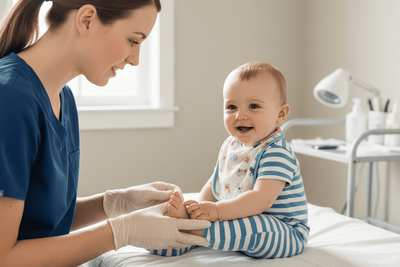 A podiatrist checking a baby's foot that is turning out.