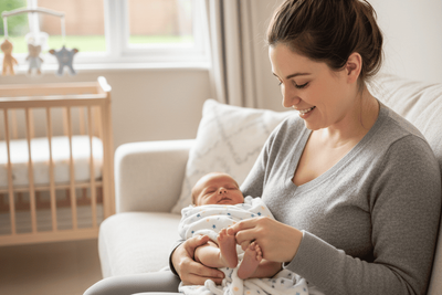A mother checking her baby's feet, wondering when to start with shoes.