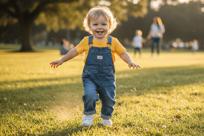A toddler with bowed legs wearing running shoes in a play ground.