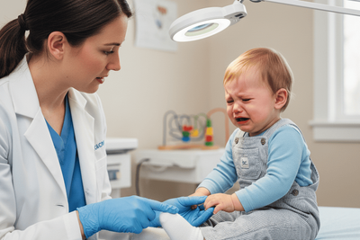 A podiatrist examining a toddler with ankle pain. 