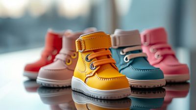 A row of colorful shoes sitting on top of a table.