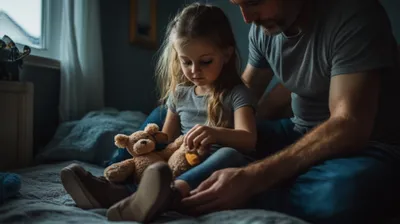 a man and a little girl sitting on a bed