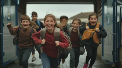 a group of young children running down a walkway