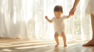 a baby in a white bodysuit holding the hand of a woman