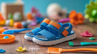 a pair of blue sandals sitting on top of a wooden table