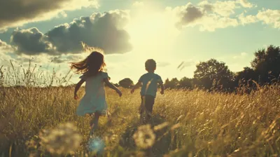 a couple of kids walking across a grass covered field
