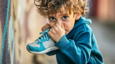a little boy with curly hair and blue shoes