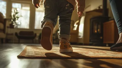 toddler walking on a rug in a living room