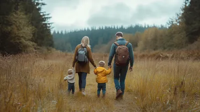 a man, woman and child walking through a field