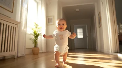 a baby in a white bodysuit running on a wooden floor