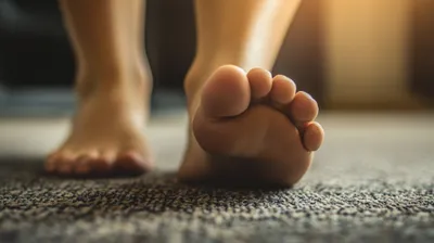 a close up of a person's bare feet on a carpet