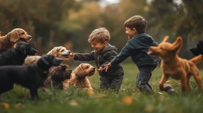 a little boy playing with a bunch of dogs