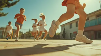 a group of children running down a sidewalk