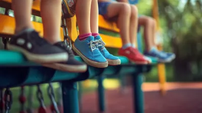 a row of children's shoes sitting on a bench