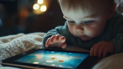 a baby playing with a tablet on a bed