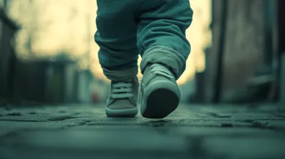 a person walking down a street with a pair of sneakers on